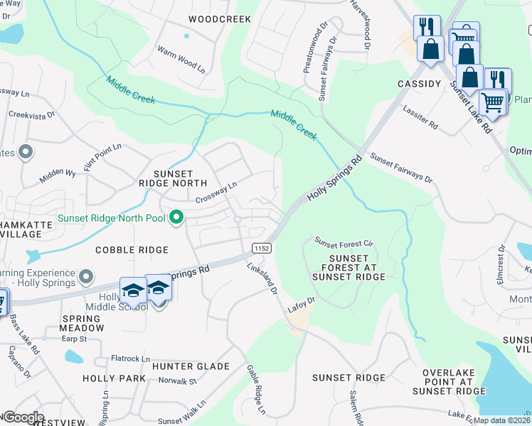 map of restaurants, bars, coffee shops, grocery stores, and more near 165 Lumina Place in Holly Springs