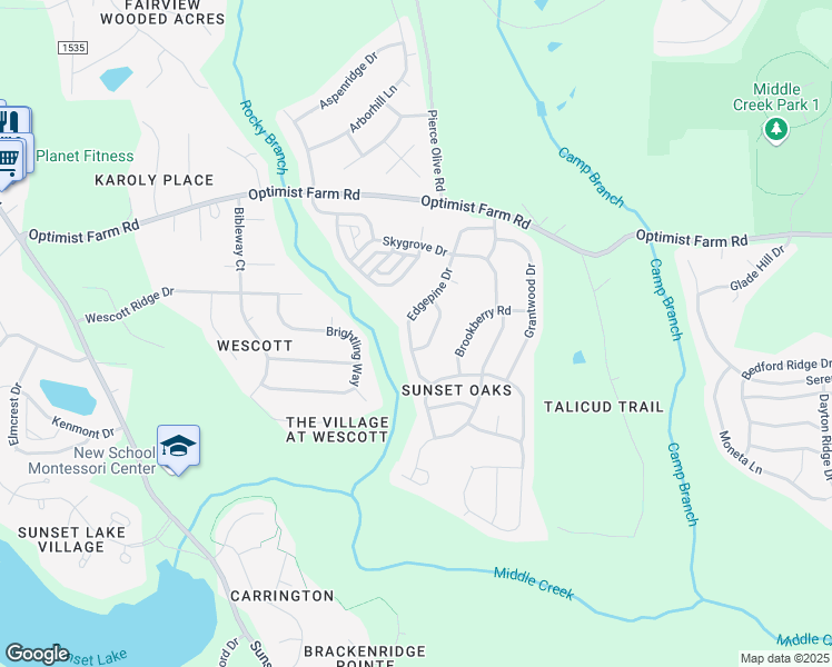 map of restaurants, bars, coffee shops, grocery stores, and more near 425 Edgepine Drive in Holly Springs