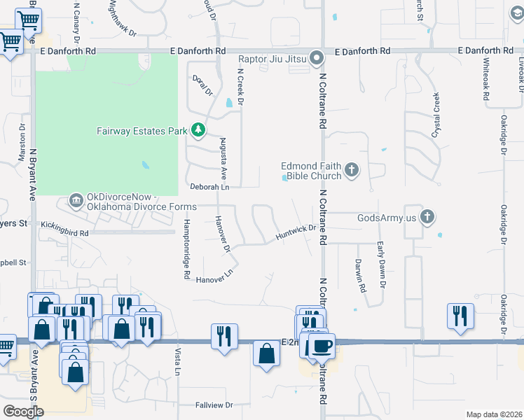 map of restaurants, bars, coffee shops, grocery stores, and more near 408 Crown Colony Road in Edmond