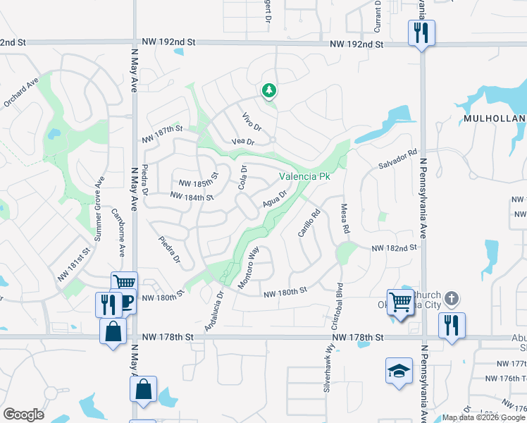 map of restaurants, bars, coffee shops, grocery stores, and more near 18305 Cola Drive in Edmond