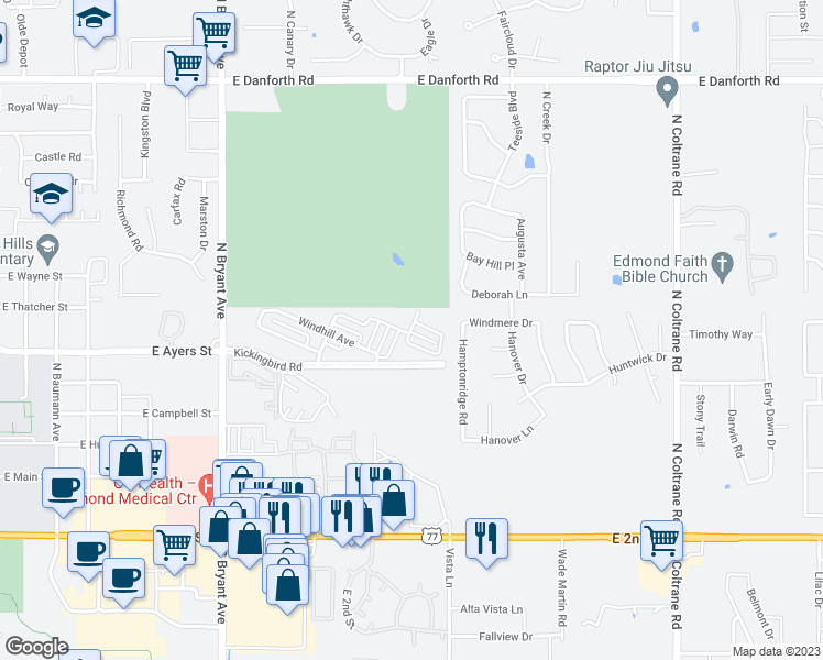 map of restaurants, bars, coffee shops, grocery stores, and more near 400 Sundance Lane in Edmond