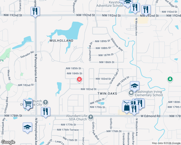 map of restaurants, bars, coffee shops, grocery stores, and more near 18509 Chestnut Oak Drive in Edmond
