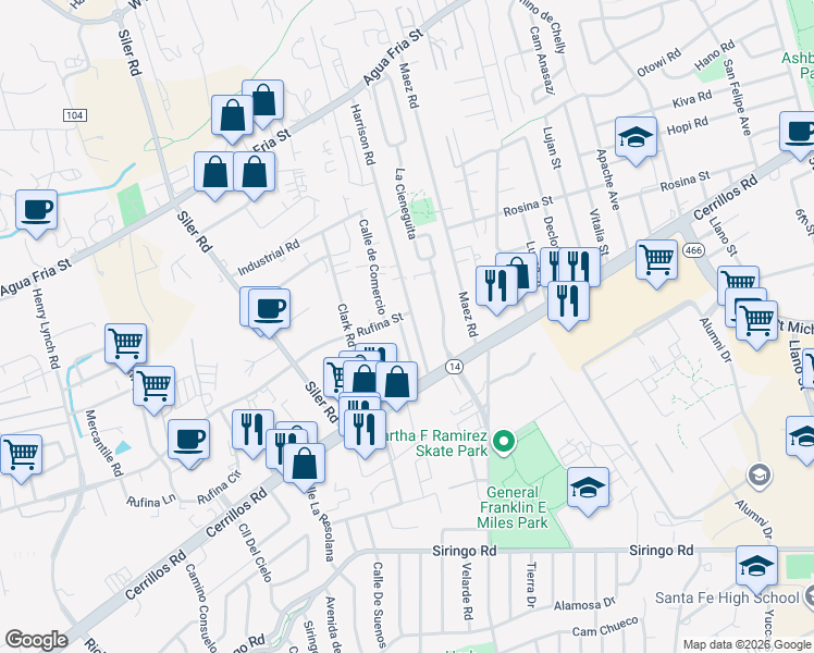 map of restaurants, bars, coffee shops, grocery stores, and more near 1273 Rufina Street in Santa Fe