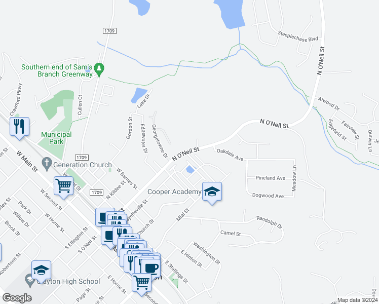 map of restaurants, bars, coffee shops, grocery stores, and more near 702 North O'Neil Street in Clayton