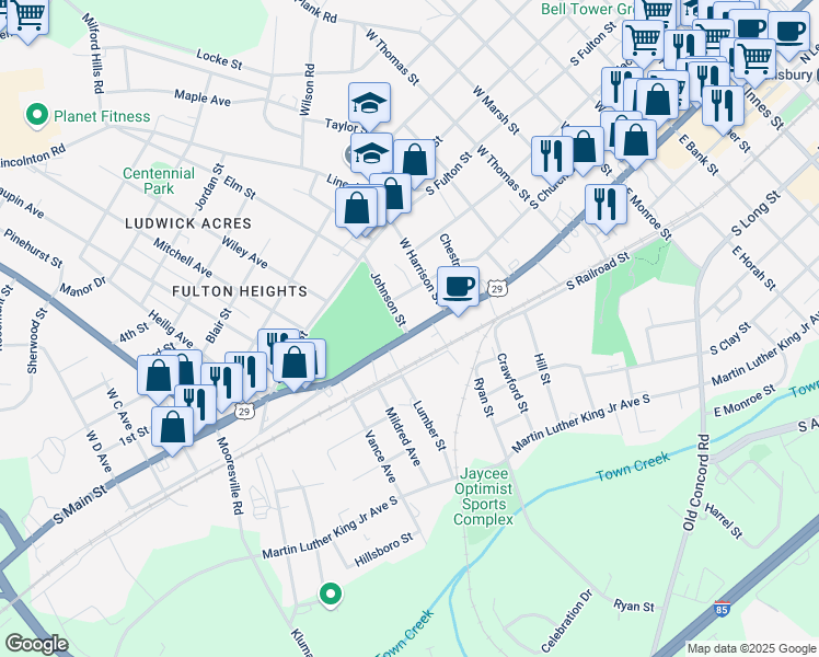 map of restaurants, bars, coffee shops, grocery stores, and more near 1026 South Main Street in Salisbury