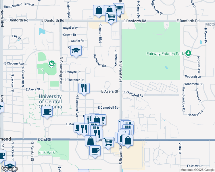 map of restaurants, bars, coffee shops, grocery stores, and more near 1335 East Ayers Street in Edmond