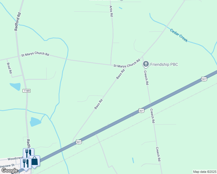 map of restaurants, bars, coffee shops, grocery stores, and more near 5244 Bass Road in Lucama