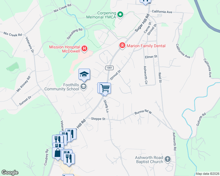 map of restaurants, bars, coffee shops, grocery stores, and more near 1955 Sugar Hill Road in Marion