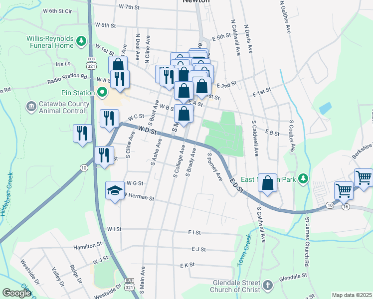 map of restaurants, bars, coffee shops, grocery stores, and more near 317 South College Avenue in Newton