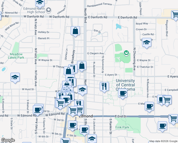 map of restaurants, bars, coffee shops, grocery stores, and more near 209 East Ayers Street in Edmond