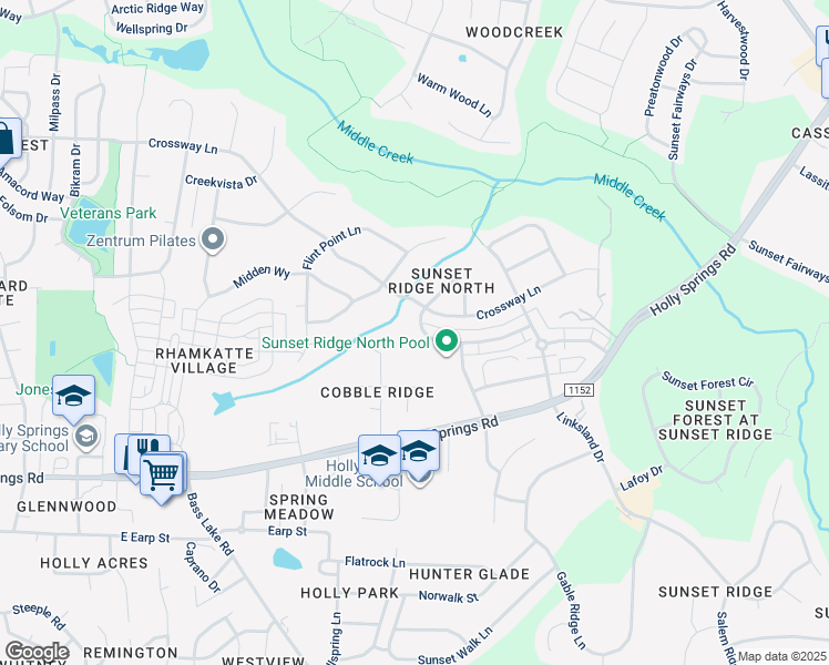 map of restaurants, bars, coffee shops, grocery stores, and more near 229 Kingsport Road in Holly Springs