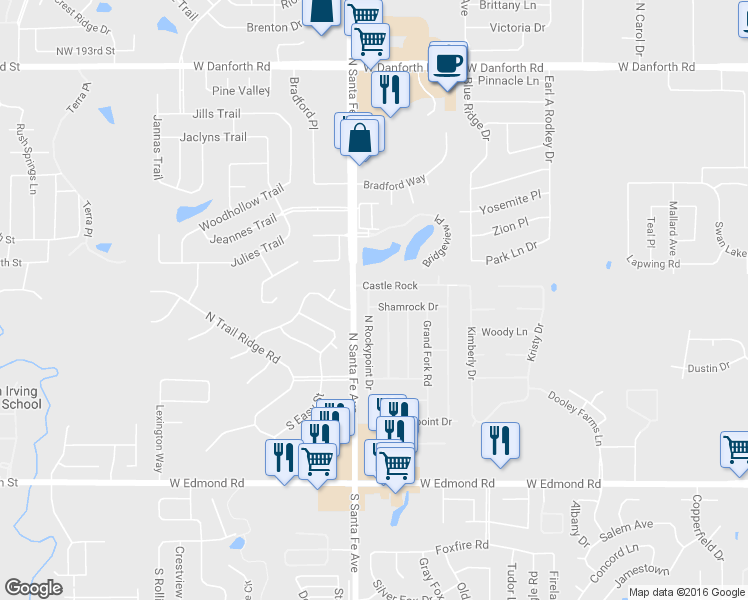 map of restaurants, bars, coffee shops, grocery stores, and more near 2205 Shamrock Drive in Edmond