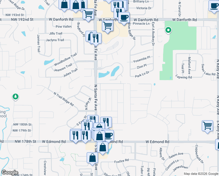 map of restaurants, bars, coffee shops, grocery stores, and more near 2109 Shamrock Drive in Edmond