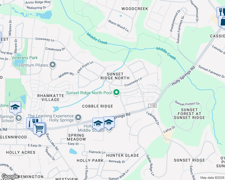 map of restaurants, bars, coffee shops, grocery stores, and more near 224 Kingsport Road in Holly Springs