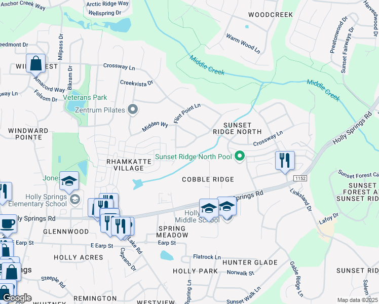 map of restaurants, bars, coffee shops, grocery stores, and more near 113 Sunset Grove Drive in Holly Springs