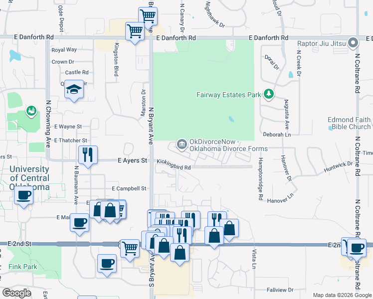 map of restaurants, bars, coffee shops, grocery stores, and more near 1700 Windhill Avenue in Edmond