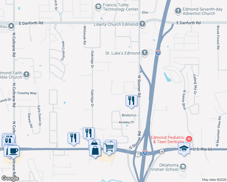 map of restaurants, bars, coffee shops, grocery stores, and more near 501 Siena Drive in Edmond