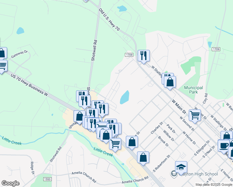 map of restaurants, bars, coffee shops, grocery stores, and more near 131 Liam Street in Clayton