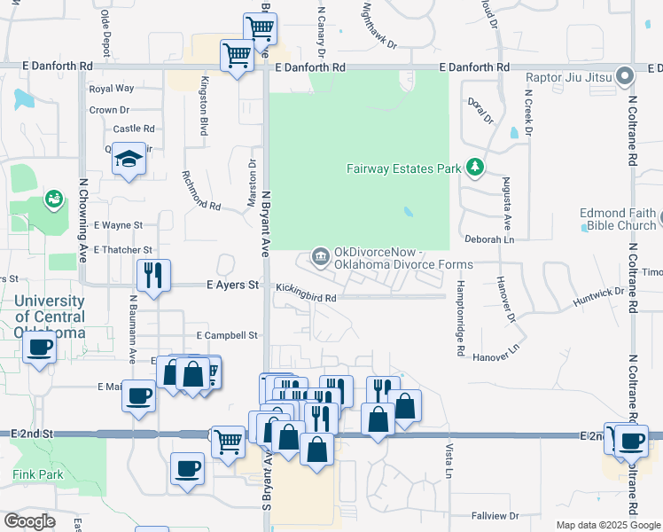 map of restaurants, bars, coffee shops, grocery stores, and more near 1700 Windhill Avenue in Edmond
