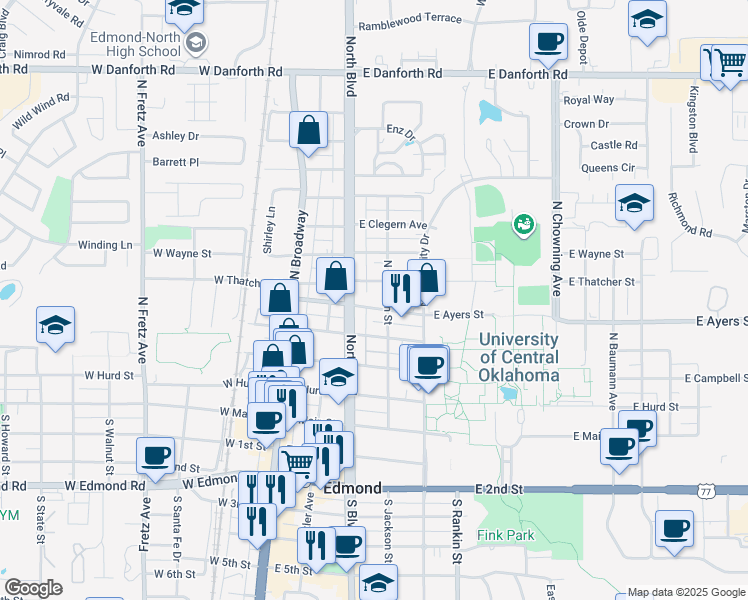 map of restaurants, bars, coffee shops, grocery stores, and more near 209 East Ayers Street in Edmond