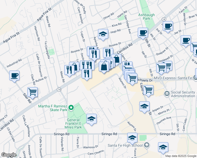 map of restaurants, bars, coffee shops, grocery stores, and more near 2308 Cerrillos Road in Santa Fe