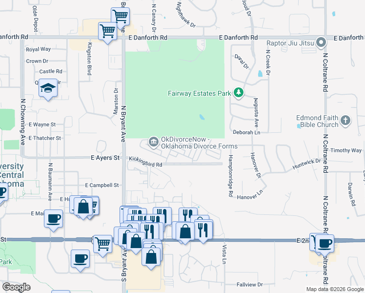 map of restaurants, bars, coffee shops, grocery stores, and more near 1911 Three Stars Road in Edmond