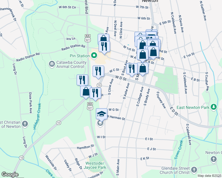 map of restaurants, bars, coffee shops, grocery stores, and more near 345 South Cline Avenue in Newton