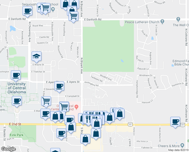 map of restaurants, bars, coffee shops, grocery stores, and more near 1617 Tenbears Road in Edmond