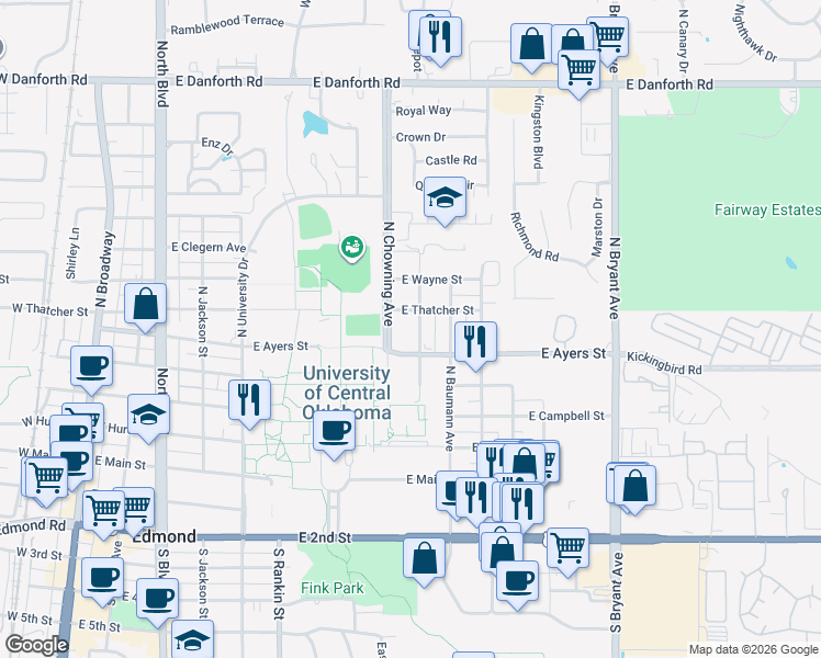 map of restaurants, bars, coffee shops, grocery stores, and more near 417 Chartrand Avenue in Edmond