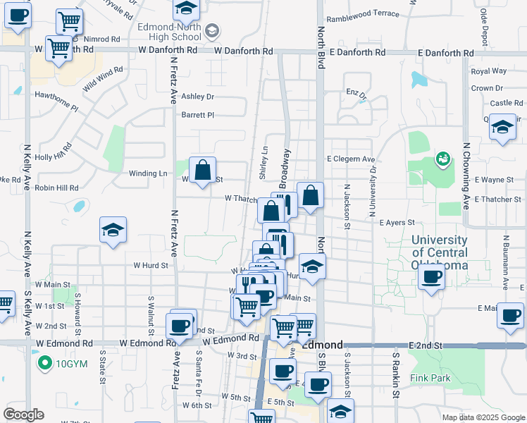 map of restaurants, bars, coffee shops, grocery stores, and more near 416 Victory Road in Edmond