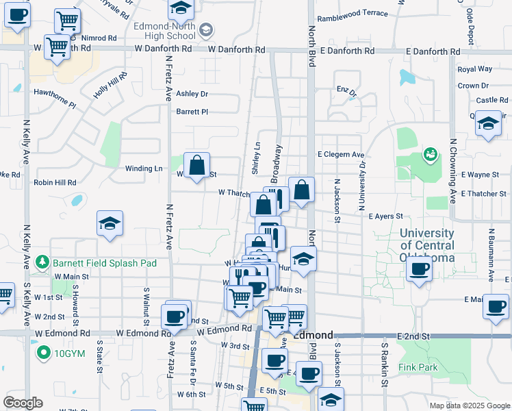 map of restaurants, bars, coffee shops, grocery stores, and more near 416 Victory Road in Edmond