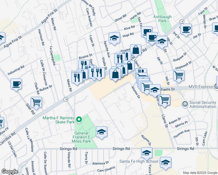 map of restaurants, bars, coffee shops, grocery stores, and more near 2308 Cerrillos Road in Santa Fe