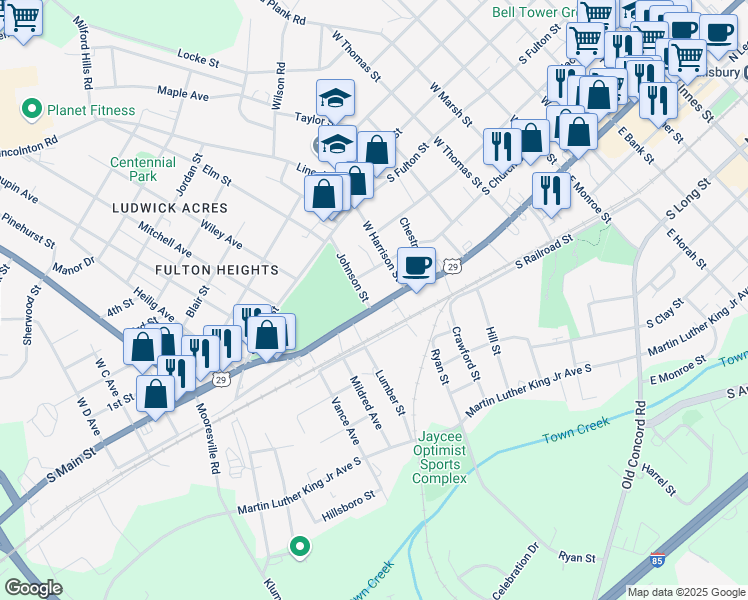 map of restaurants, bars, coffee shops, grocery stores, and more near 1026 South Main Street in Salisbury