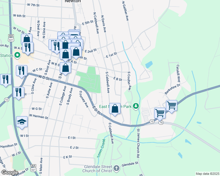 map of restaurants, bars, coffee shops, grocery stores, and more near 139 South Caldwell Avenue in Newton