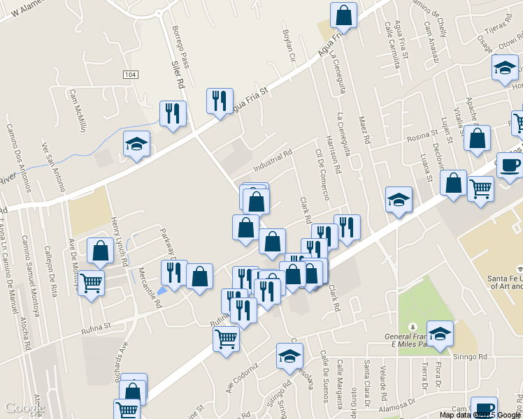 map of restaurants, bars, coffee shops, grocery stores, and more near 1235 Siler Lane in Santa Fe
