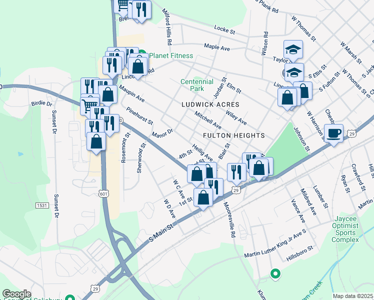 map of restaurants, bars, coffee shops, grocery stores, and more near 1612 4th Street in Salisbury