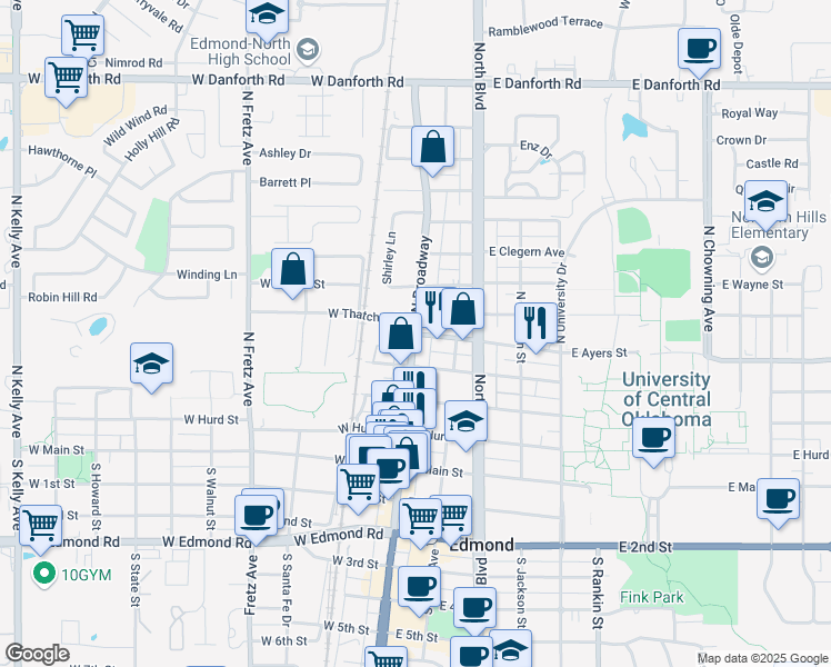 map of restaurants, bars, coffee shops, grocery stores, and more near 401 North Broadway in Edmond