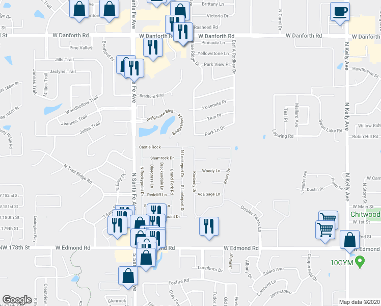 map of restaurants, bars, coffee shops, grocery stores, and more near 409 Kimberly Drive in Edmond