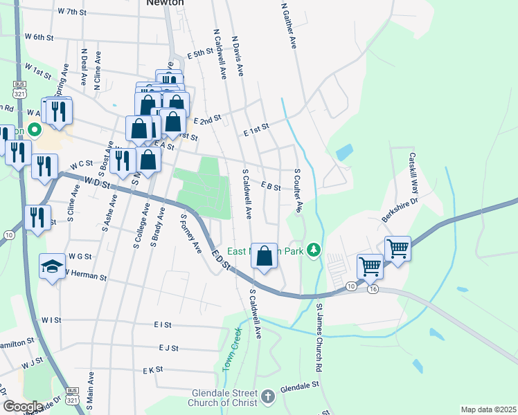 map of restaurants, bars, coffee shops, grocery stores, and more near 139 South Caldwell Avenue in Newton