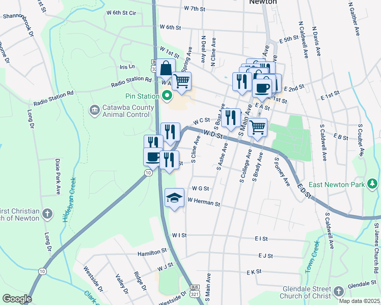 map of restaurants, bars, coffee shops, grocery stores, and more near 303 West E Street in Newton