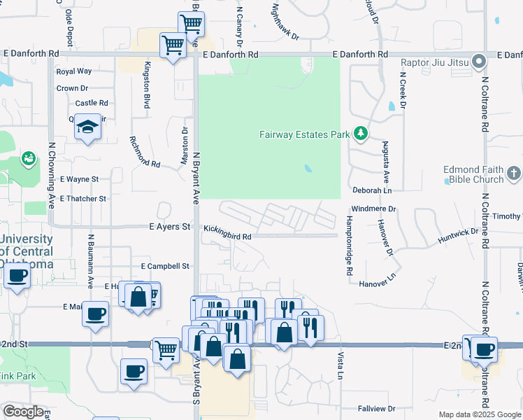 map of restaurants, bars, coffee shops, grocery stores, and more near 415 Woodcreek Road in Edmond