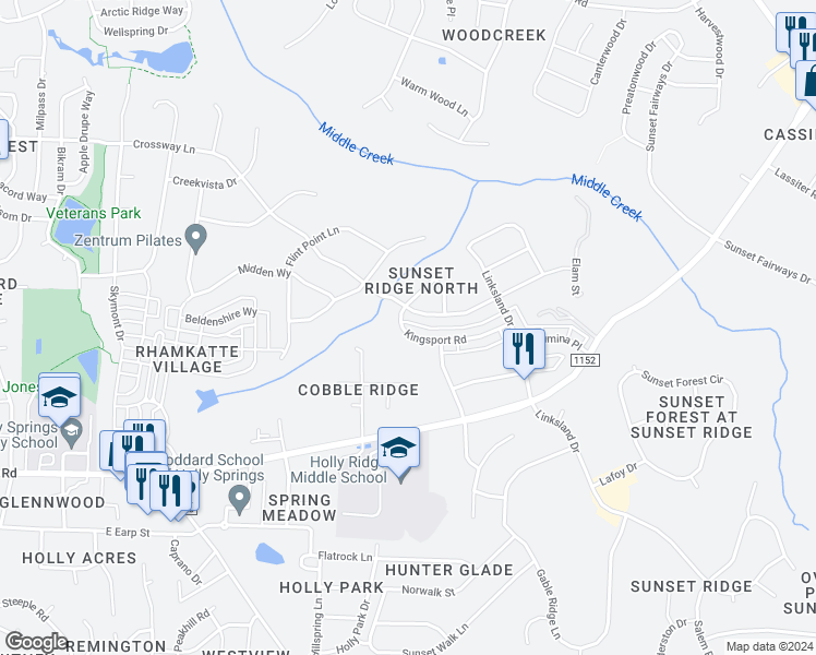 map of restaurants, bars, coffee shops, grocery stores, and more near 228 Kingsport Road in Holly Springs