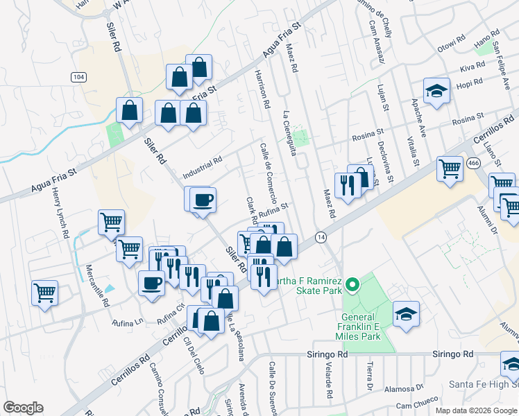 map of restaurants, bars, coffee shops, grocery stores, and more near 2855 Rufina Street in Santa Fe