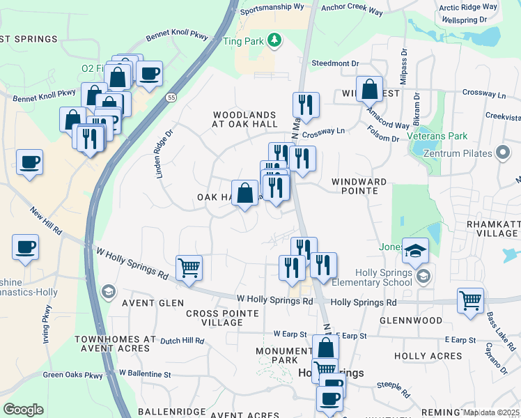 map of restaurants, bars, coffee shops, grocery stores, and more near 205 Hallwood Court in Holly Springs