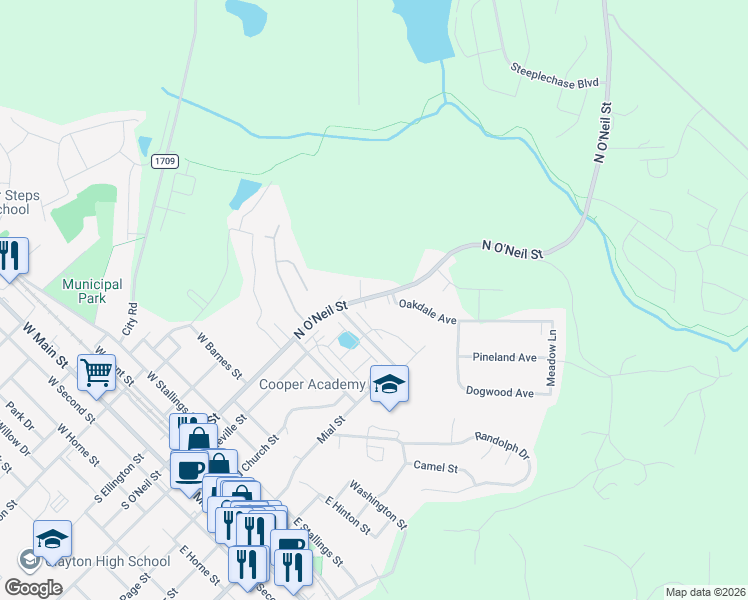 map of restaurants, bars, coffee shops, grocery stores, and more near 802 North O'Neil Street in Clayton
