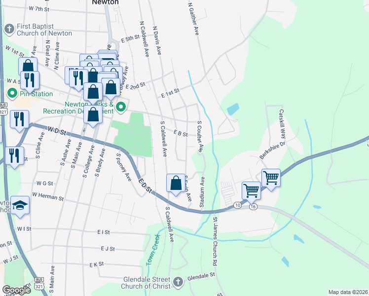 map of restaurants, bars, coffee shops, grocery stores, and more near 126 South Ervin Avenue in Newton