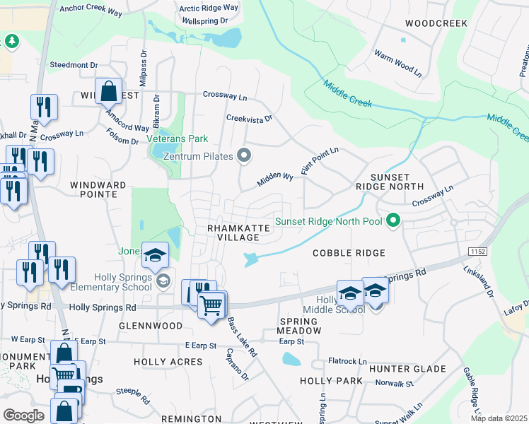 map of restaurants, bars, coffee shops, grocery stores, and more near Beldenshire Way in Holly Springs