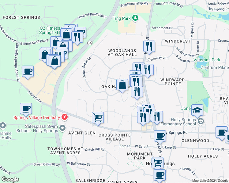 map of restaurants, bars, coffee shops, grocery stores, and more near 109 Marleton Way in Holly Springs