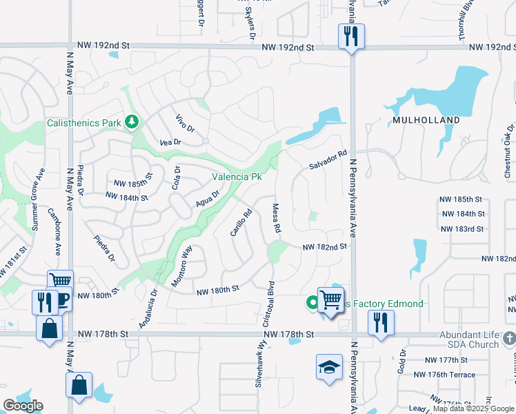 map of restaurants, bars, coffee shops, grocery stores, and more near 18500 El Greco Drive in Edmond
