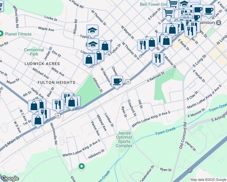 map of restaurants, bars, coffee shops, grocery stores, and more near 1009 South Main Street in Salisbury